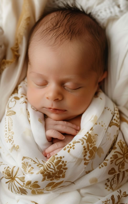 Sleeping newborn swaddled after his bris