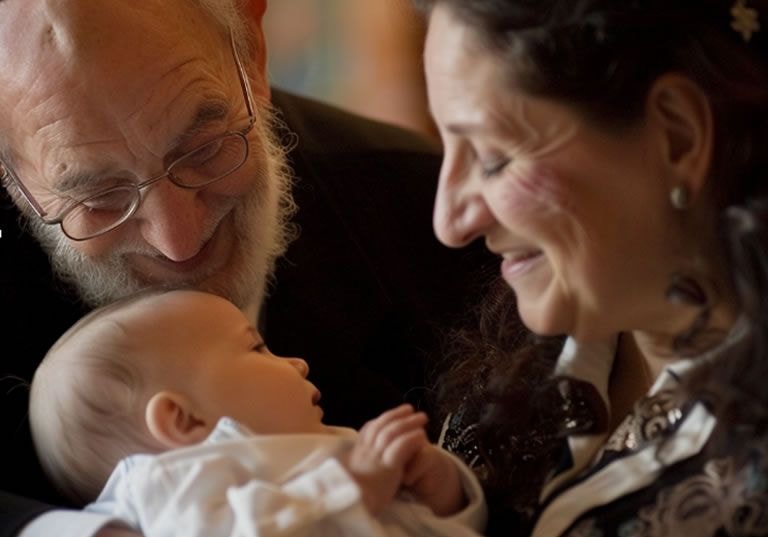 Grandparents smiling over a newborn baby